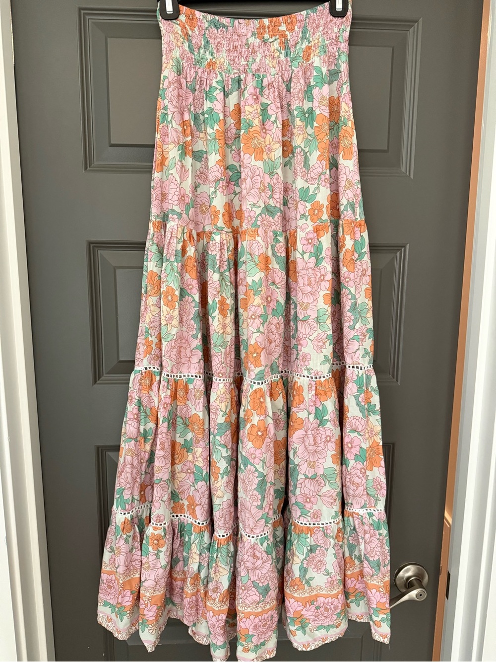 Sea Lustre Smocked Floral Tiered Maxi Skirt in Pink and Orange, S/M